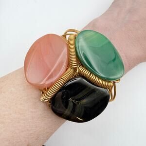 Artisan Gold Tone Wire Bracelet Wide Cuff Semi-Precious Stones Bracelet Chunky